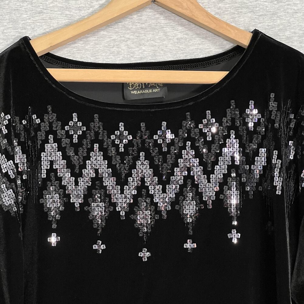 Bob Mackie Wearable Art Shirt Womens 1X Black Velvet Sequin Tunic Pullover Top - Picture 2 of 11